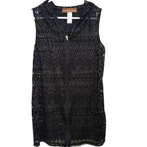 Black Lace Hooded Swim Cover-Up Top Sz M Full Zip Sleeveless Boho Beach Festival